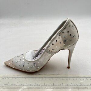 XYD White Rhinestones High Heels Mesh Pumps for Women Slip On Pointed Toe Shoes